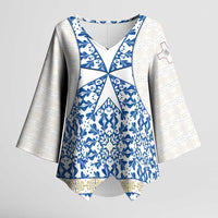 Malta Kimono Sleeve Blouse with Blue White Tile Design and Maltese Cross Pattern - Wonder Print Shop