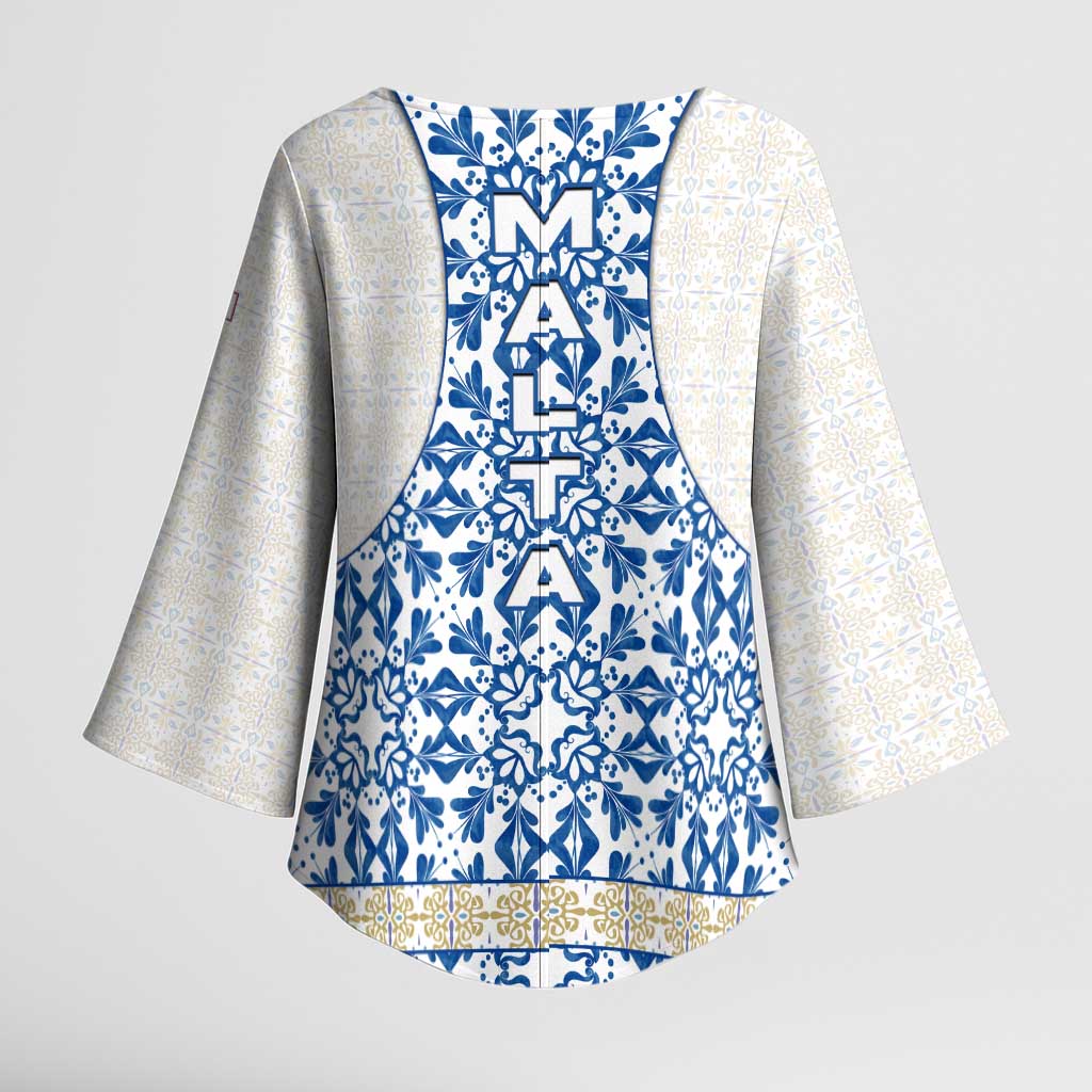 Malta Kimono Sleeve Blouse with Blue White Tile Design and Maltese Cross Pattern - Wonder Print Shop