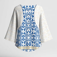 Malta Kimono Sleeve Blouse with Blue White Tile Design and Maltese Cross Pattern - Wonder Print Shop