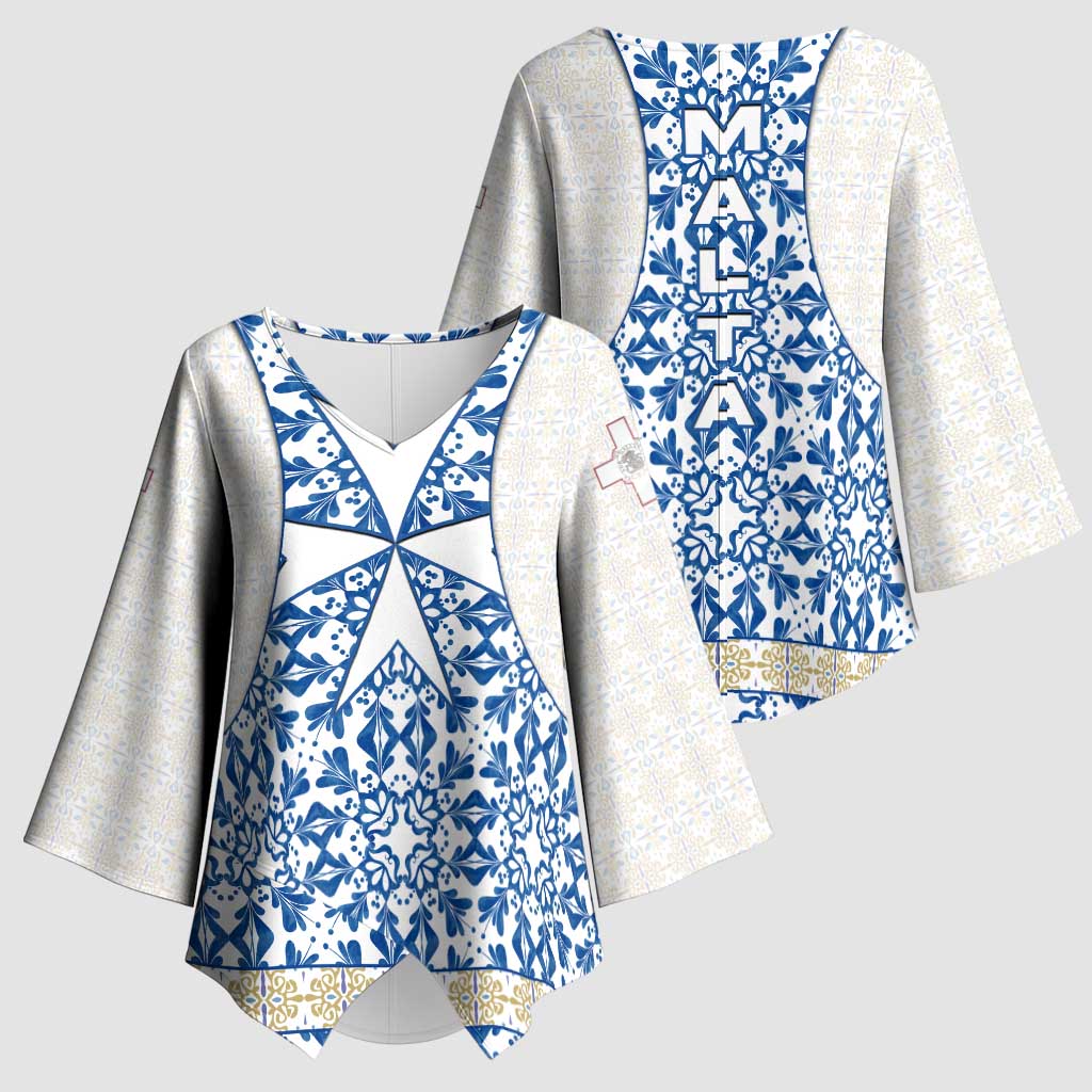 Malta Kimono Sleeve Blouse with Blue White Tile Design and Maltese Cross Pattern - Wonder Print Shop