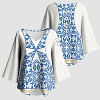 Malta Kimono Sleeve Blouse with Blue White Tile Design and Maltese Cross Pattern - Wonder Print Shop