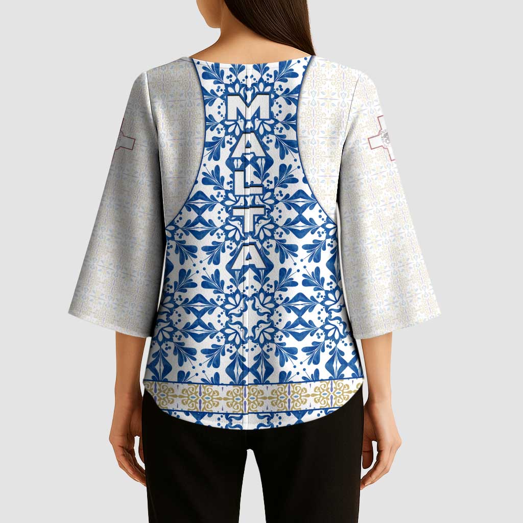 Malta Kimono Sleeve Blouse with Blue White Tile Design and Maltese Cross Pattern - Wonder Print Shop