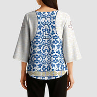 Malta Kimono Sleeve Blouse with Blue White Tile Design and Maltese Cross Pattern - Wonder Print Shop
