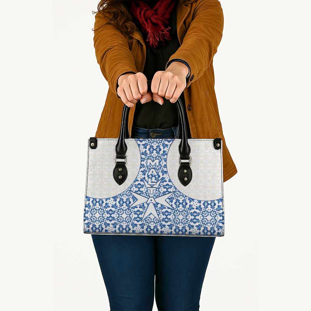 Malta Leather Bag with Blue White Tile Design and Maltese Cross Pattern - Wonder Print Shop