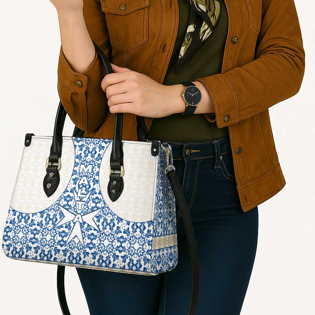 Malta Leather Bag with Blue White Tile Design and Maltese Cross Pattern - Wonder Print Shop