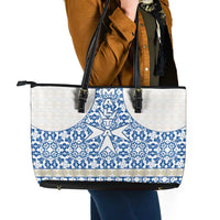 Malta Leather Tote Bag with Blue White Tile Design and Maltese Cross Pattern - Wonder Print Shop