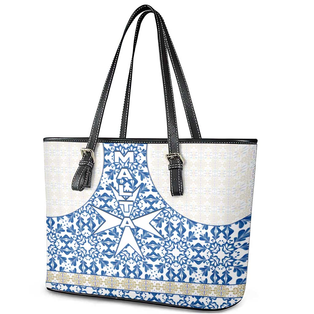 Malta Leather Tote Bag with Blue White Tile Design and Maltese Cross Pattern - Wonder Print Shop