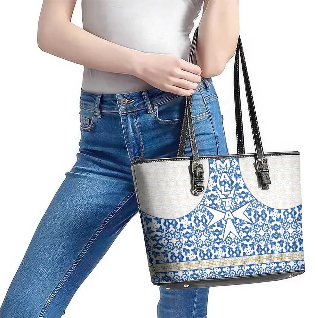 Malta Leather Tote Bag with Blue White Tile Design and Maltese Cross Pattern - Wonder Print Shop