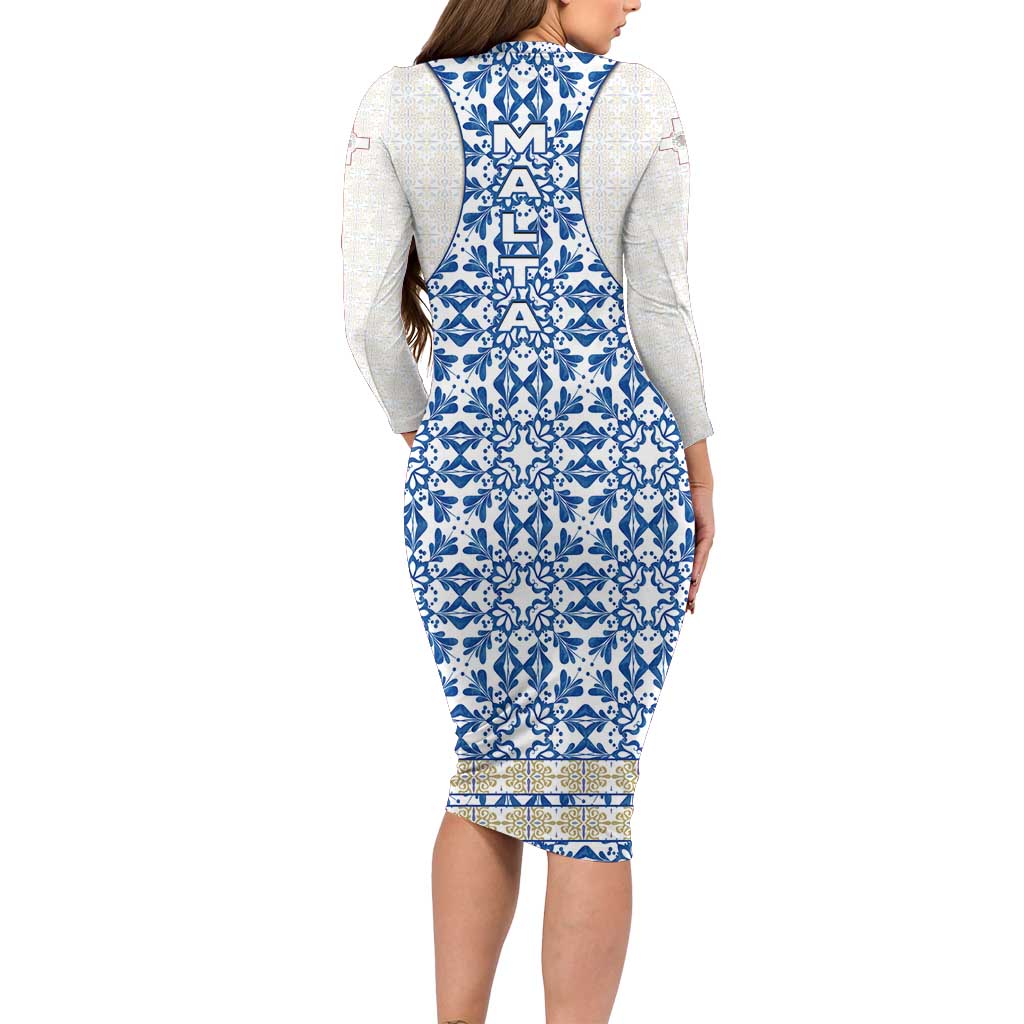 Malta Long Sleeve Bodycon Dress with Blue White Tile Design and Maltese Cross Pattern - Wonder Print Shop