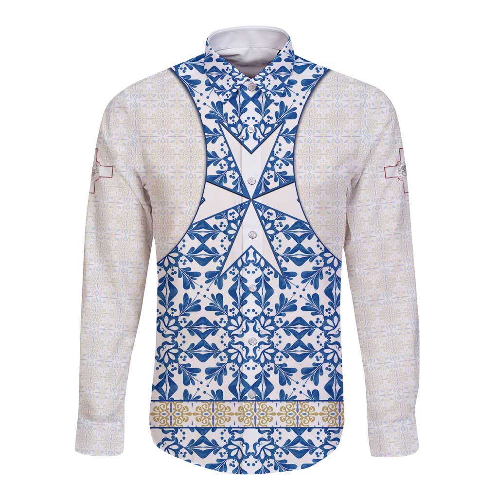Malta Long Sleeve Button Shirt with Blue White Tile Design and Maltese Cross Pattern - Wonder Print Shop
