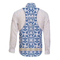Malta Long Sleeve Button Shirt with Blue White Tile Design and Maltese Cross Pattern - Wonder Print Shop