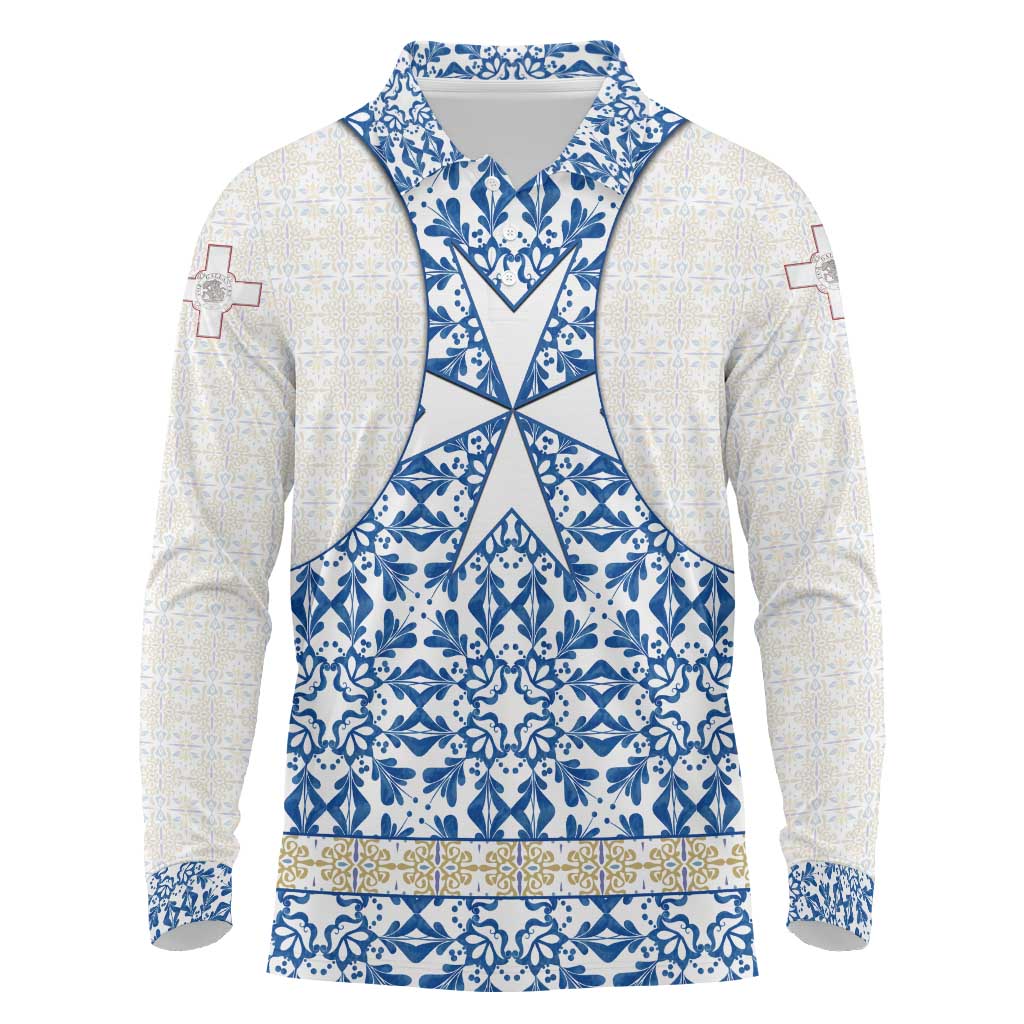Malta Long Sleeve Polo Shirt with Blue White Tile Design and Maltese Cross Pattern - Wonder Print Shop