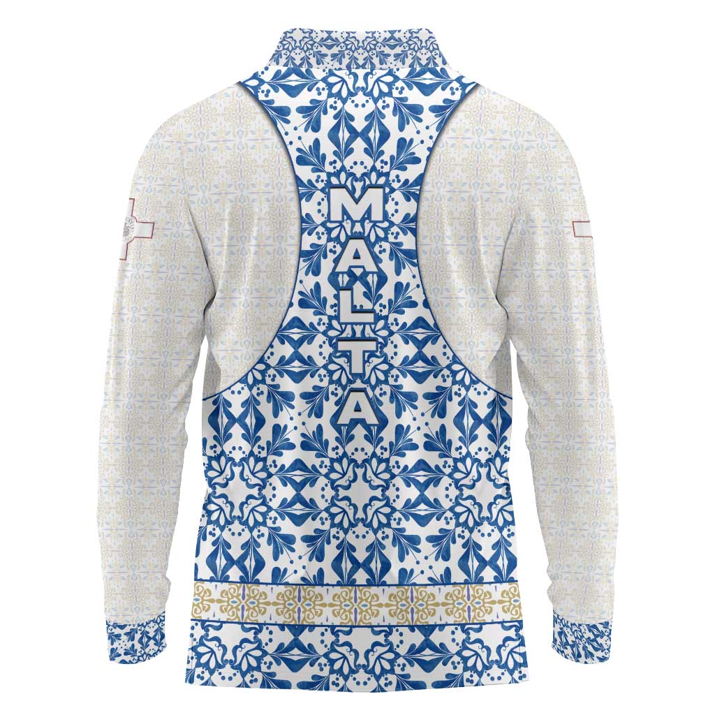 Malta Long Sleeve Polo Shirt with Blue White Tile Design and Maltese Cross Pattern - Wonder Print Shop