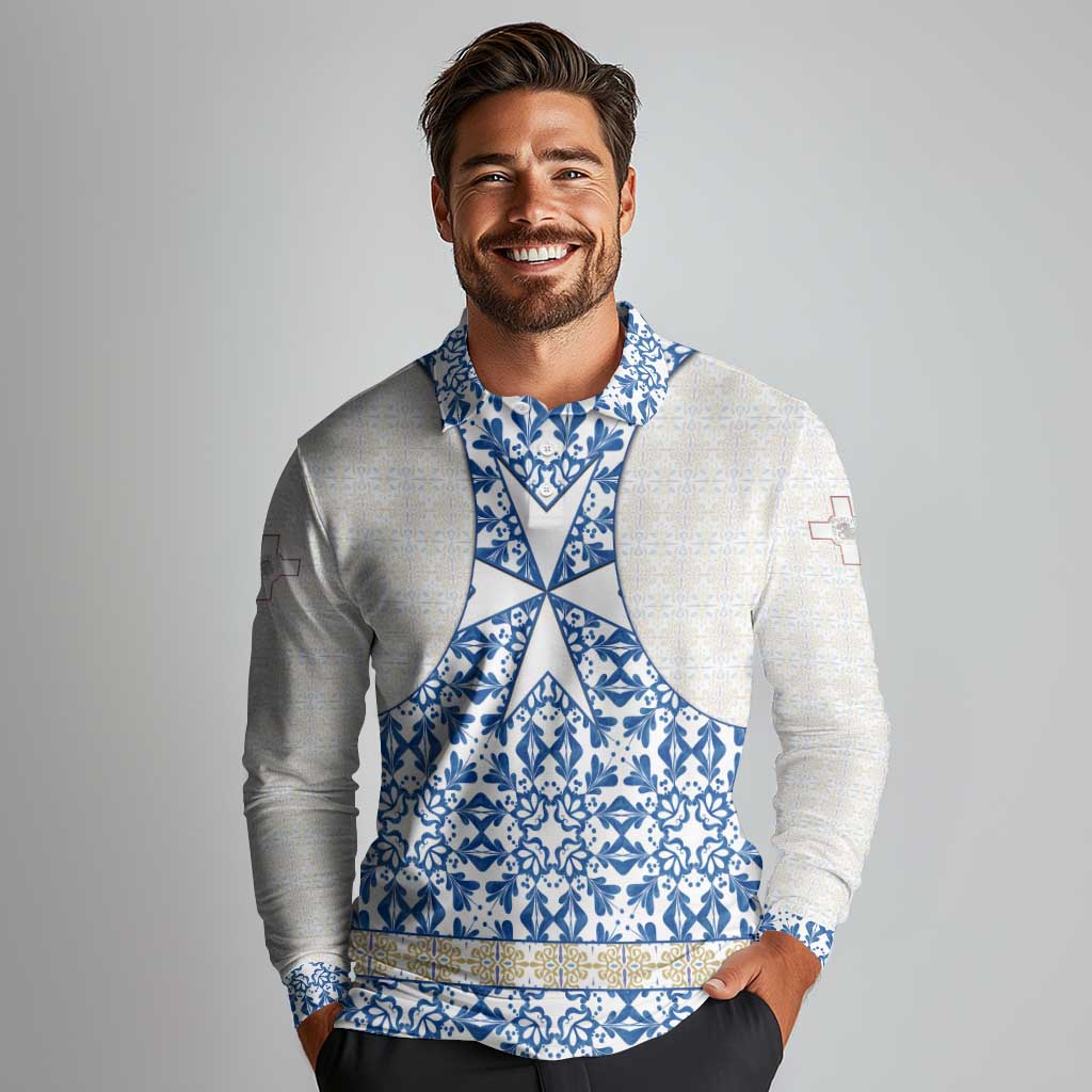 Malta Long Sleeve Polo Shirt with Blue White Tile Design and Maltese Cross Pattern - Wonder Print Shop