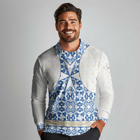 Malta Long Sleeve Polo Shirt with Blue White Tile Design and Maltese Cross Pattern - Wonder Print Shop