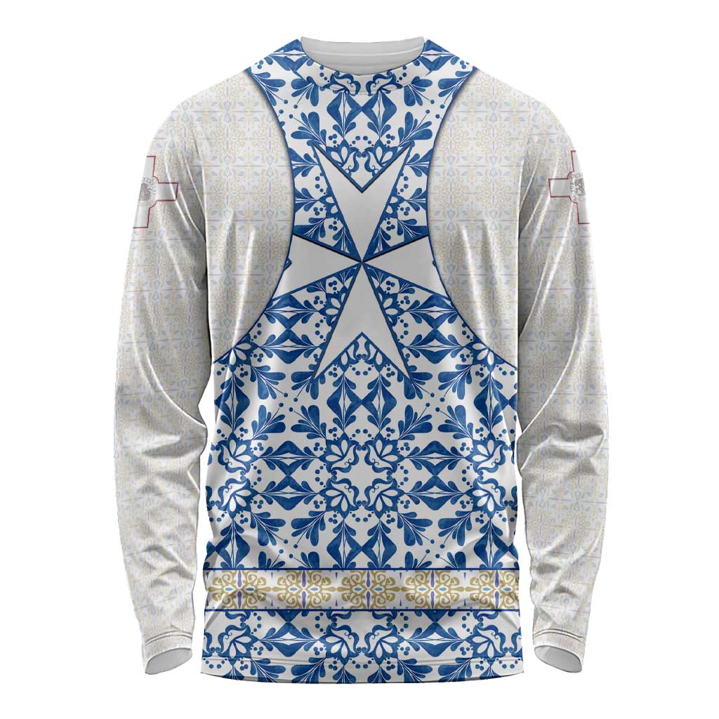 Malta Long Sleeve Shirt with Blue White Tile Design and Maltese Cross Pattern - Wonder Print Shop