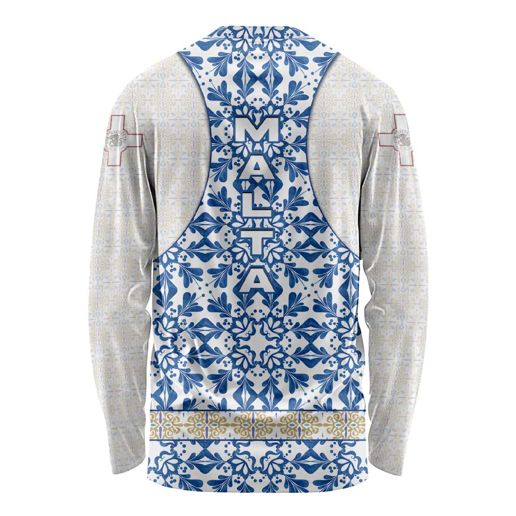 Malta Long Sleeve Shirt with Blue White Tile Design and Maltese Cross Pattern - Wonder Print Shop