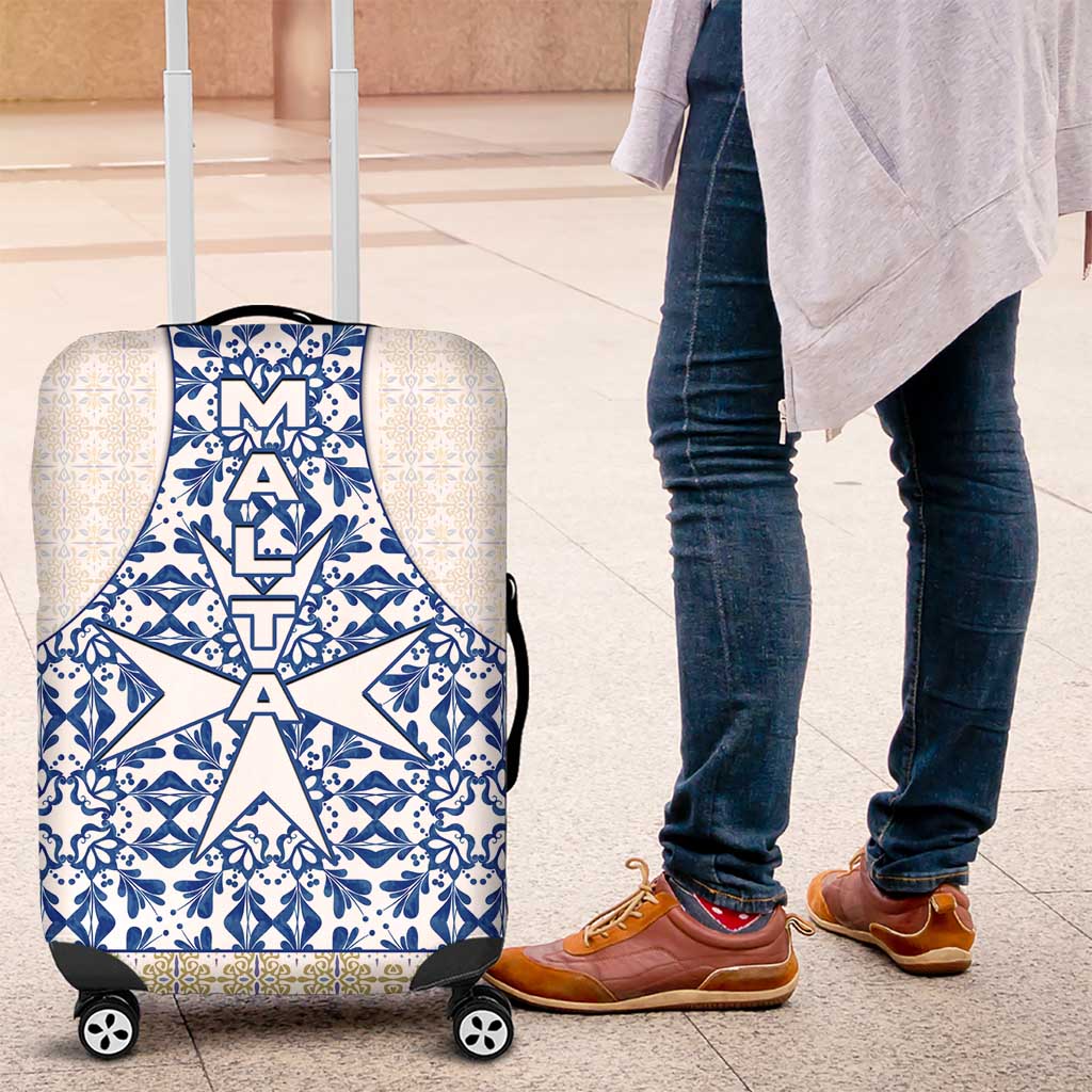 Malta Luggage Cover with Blue White Tile Design and Maltese Cross Pattern - Wonder Print Shop