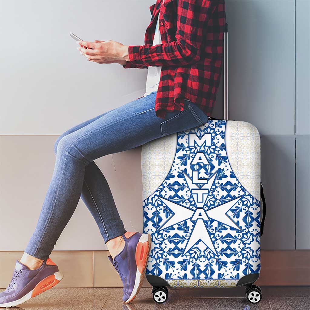 Malta Luggage Cover with Blue White Tile Design and Maltese Cross Pattern - Wonder Print Shop