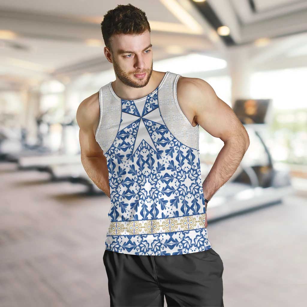 Malta Men Tank Top with Blue White Tile Design and Maltese Cross Pattern - Wonder Print Shop