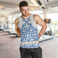 Malta Men Tank Top with Blue White Tile Design and Maltese Cross Pattern - Wonder Print Shop