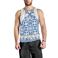 Malta Men Tank Top with Blue White Tile Design and Maltese Cross Pattern - Wonder Print Shop