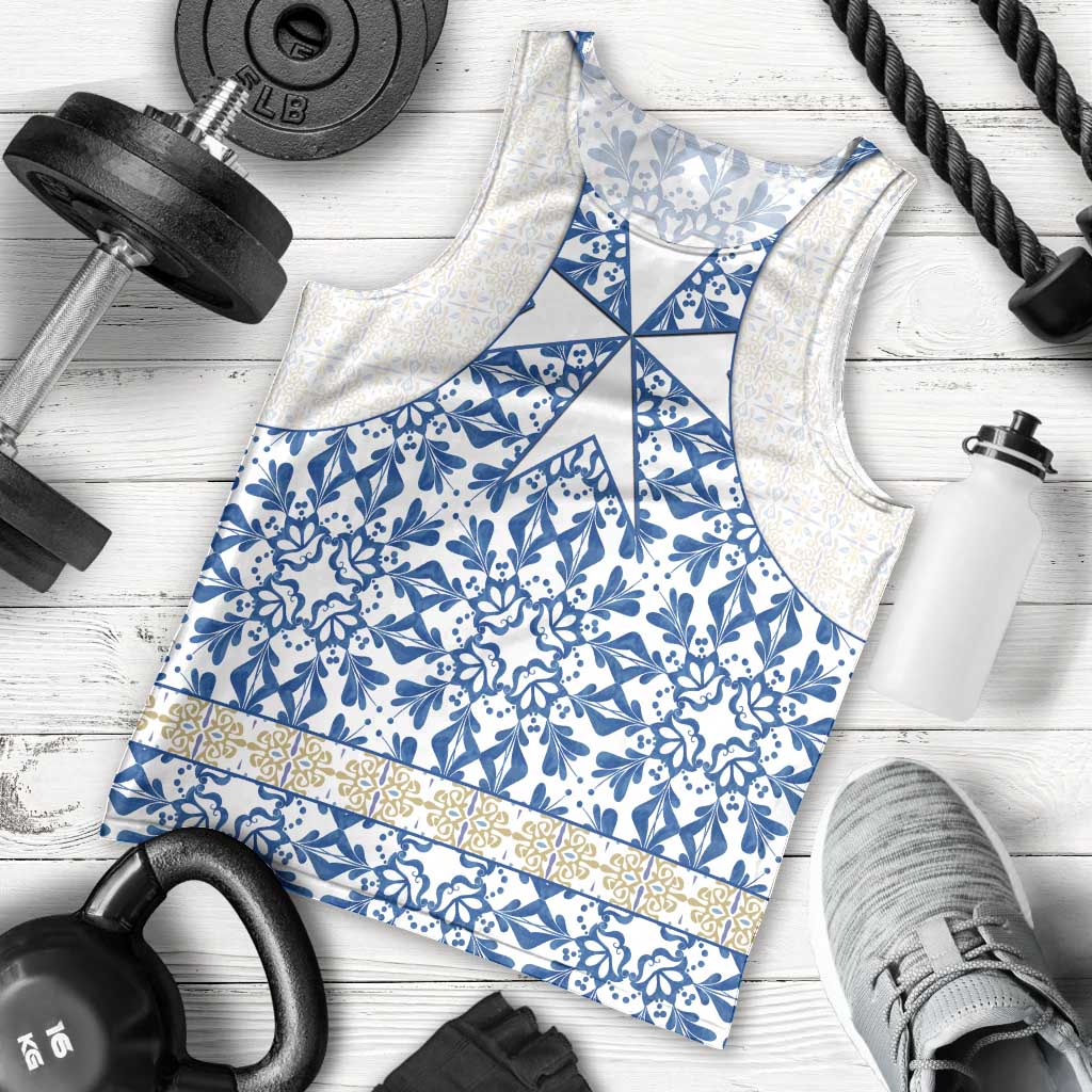Malta Men Tank Top with Blue White Tile Design and Maltese Cross Pattern - Wonder Print Shop