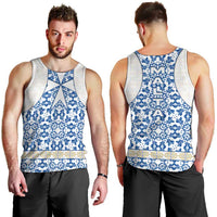 Malta Men Tank Top with Blue White Tile Design and Maltese Cross Pattern - Wonder Print Shop