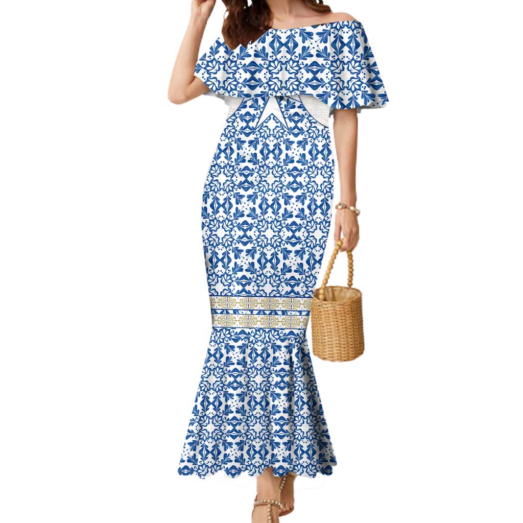 Malta Mermaid Dress with Blue White Tile Design and Maltese Cross Pattern - Wonder Print Shop