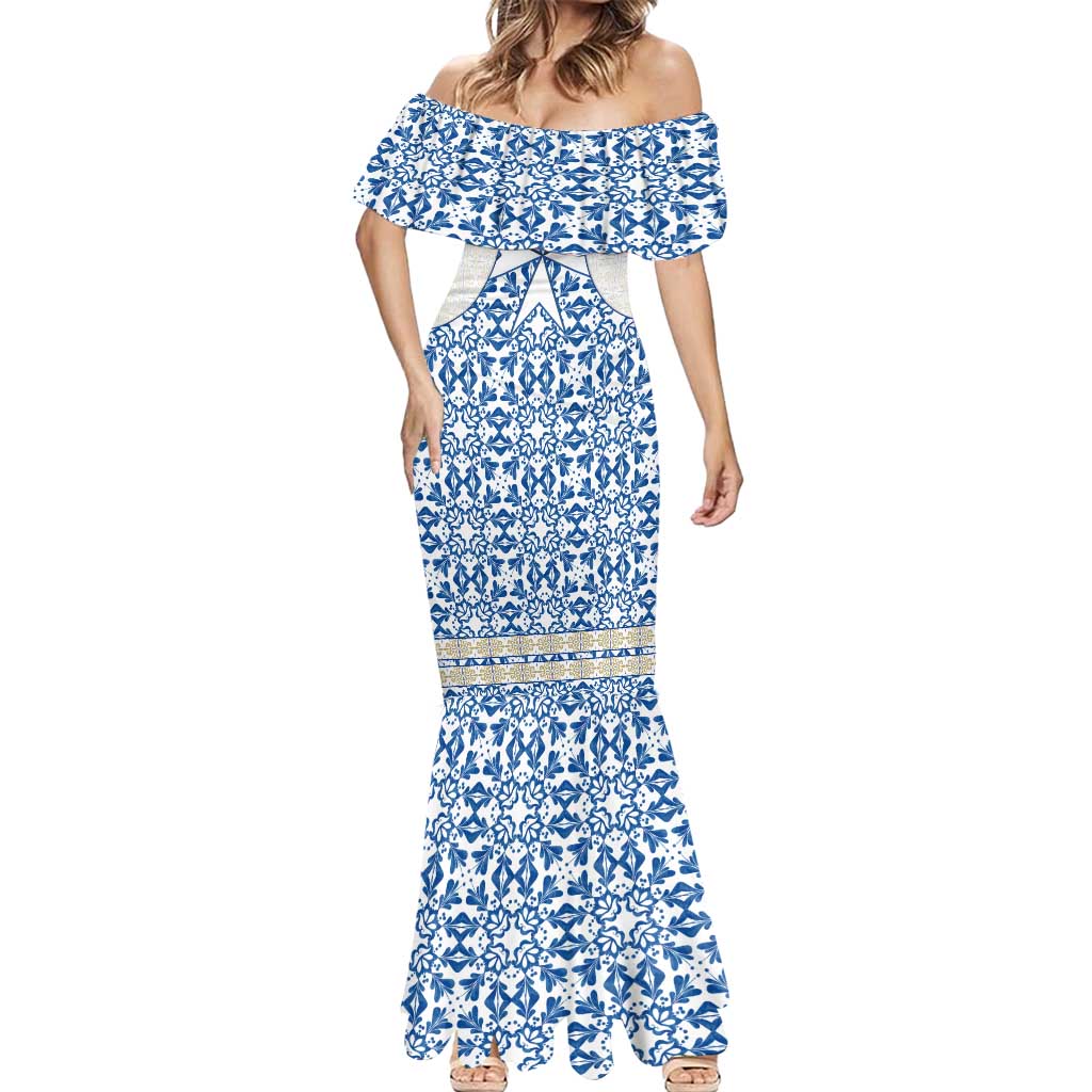 Malta Mermaid Dress with Blue White Tile Design and Maltese Cross Pattern - Wonder Print Shop