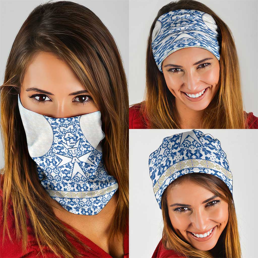 Malta Neck Gaiter with Blue White Tile Design and Maltese Cross Pattern TS04