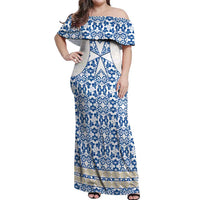 Malta Off Shoulder Maxi Dress with Blue White Tile Design and Maltese Cross Pattern - Wonder Print Shop