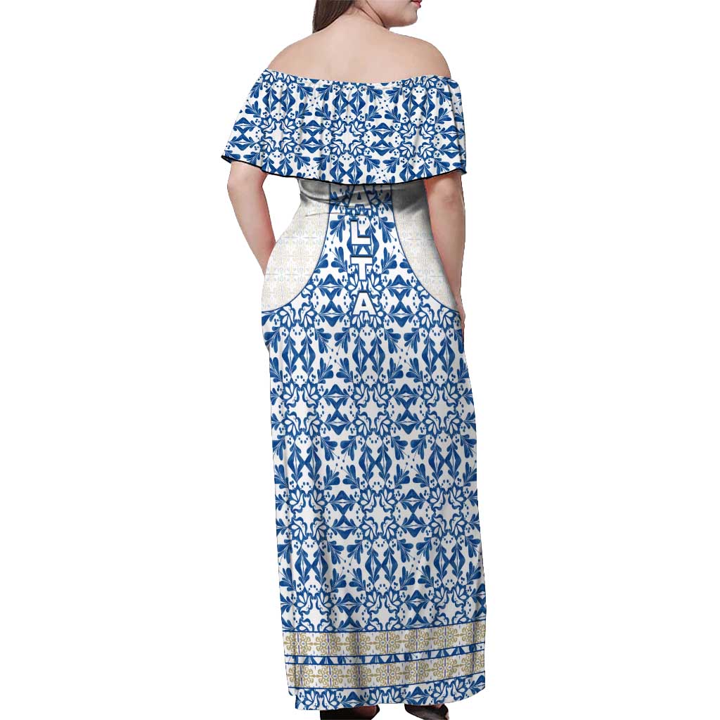 Malta Off Shoulder Maxi Dress with Blue White Tile Design and Maltese Cross Pattern - Wonder Print Shop