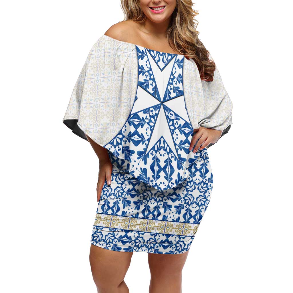 Malta Off Shoulder Short Dress with Blue White Tile Design and Maltese Cross Pattern - Wonder Print Shop