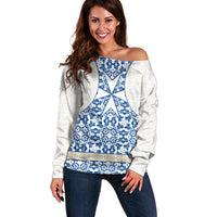 Malta Off Shoulder Sweater with Blue White Tile Design and Maltese Cross Pattern - Wonder Print Shop