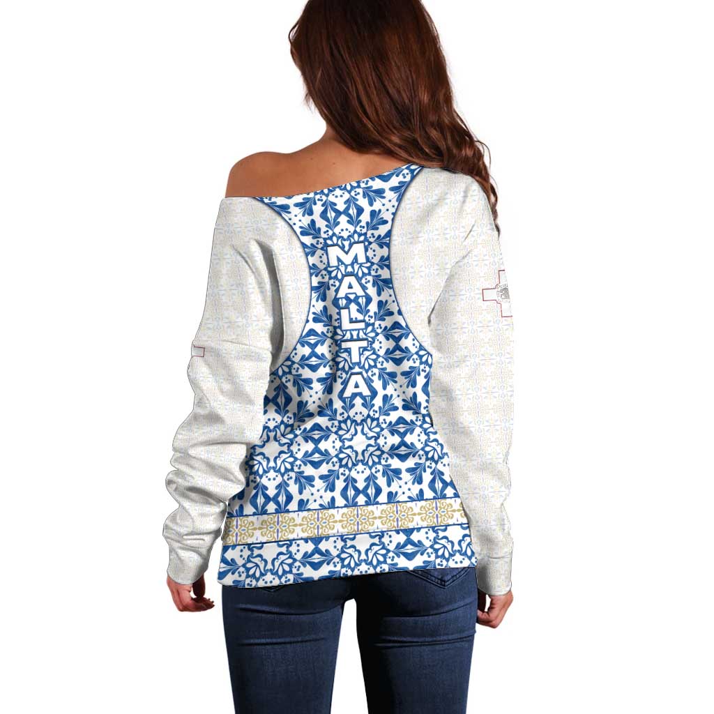 Malta Off Shoulder Sweater with Blue White Tile Design and Maltese Cross Pattern - Wonder Print Shop