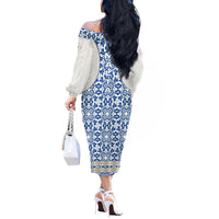 Malta Off The Shoulder Long Sleeve Dress with Blue White Tile Design and Maltese Cross Pattern - Wonder Print Shop