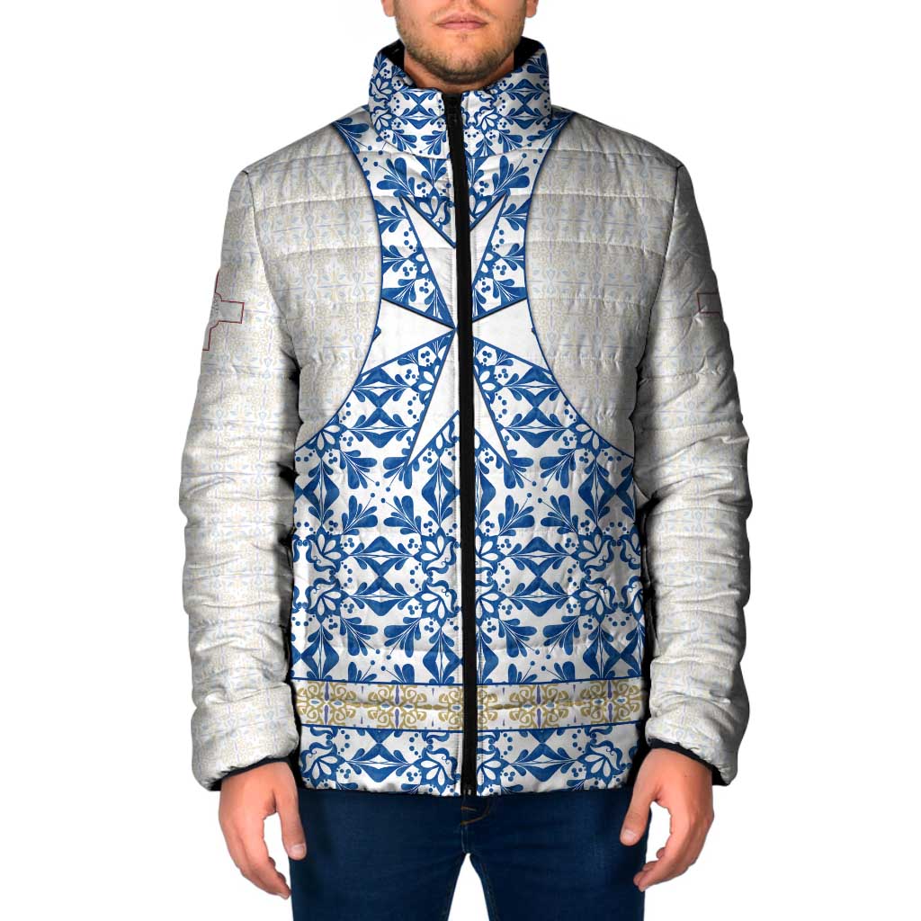 Malta Padded Jacket with Blue White Tile Design and Maltese Cross Pattern - Wonder Print Shop