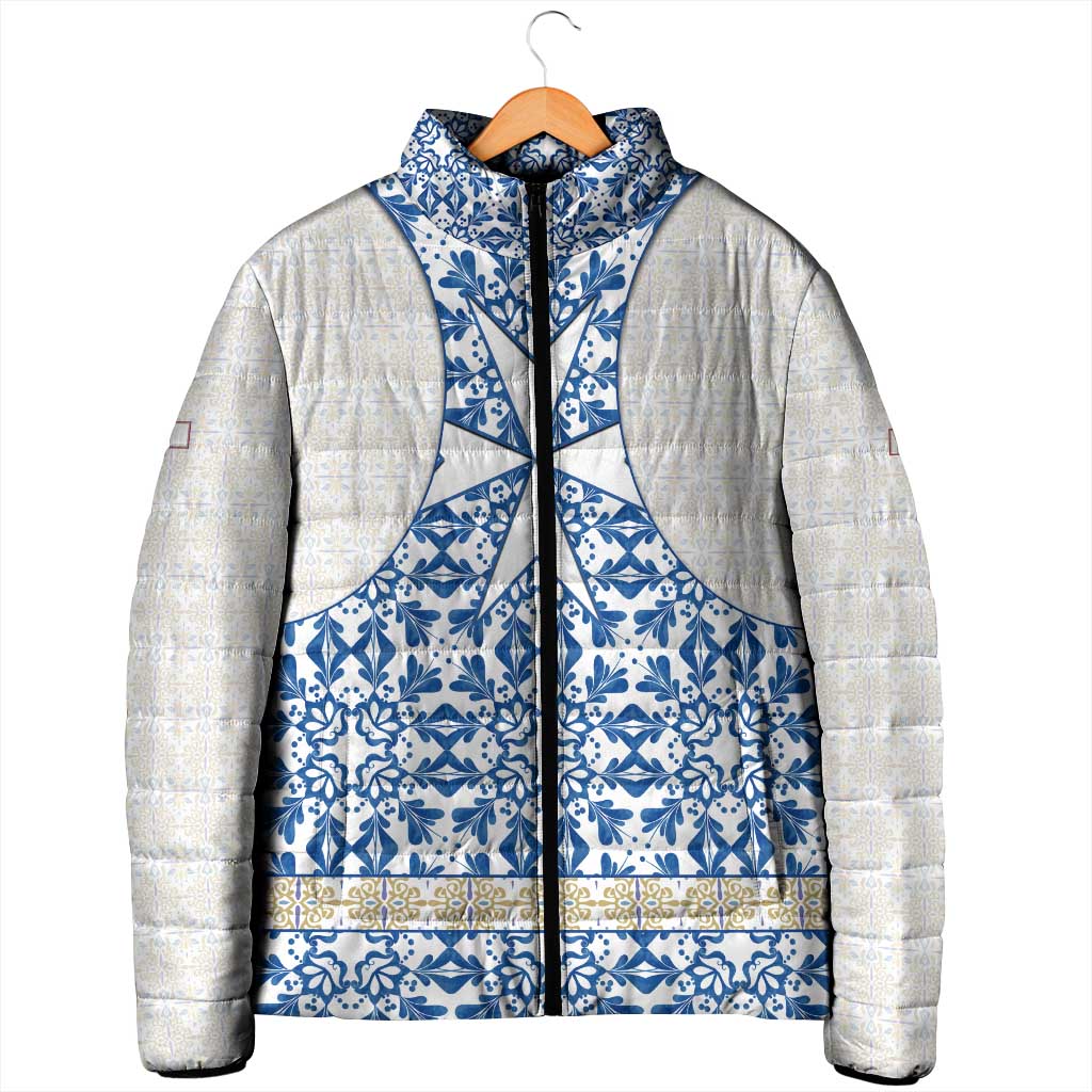 Malta Padded Jacket with Blue White Tile Design and Maltese Cross Pattern - Wonder Print Shop