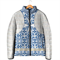 Malta Padded Jacket with Blue White Tile Design and Maltese Cross Pattern - Wonder Print Shop