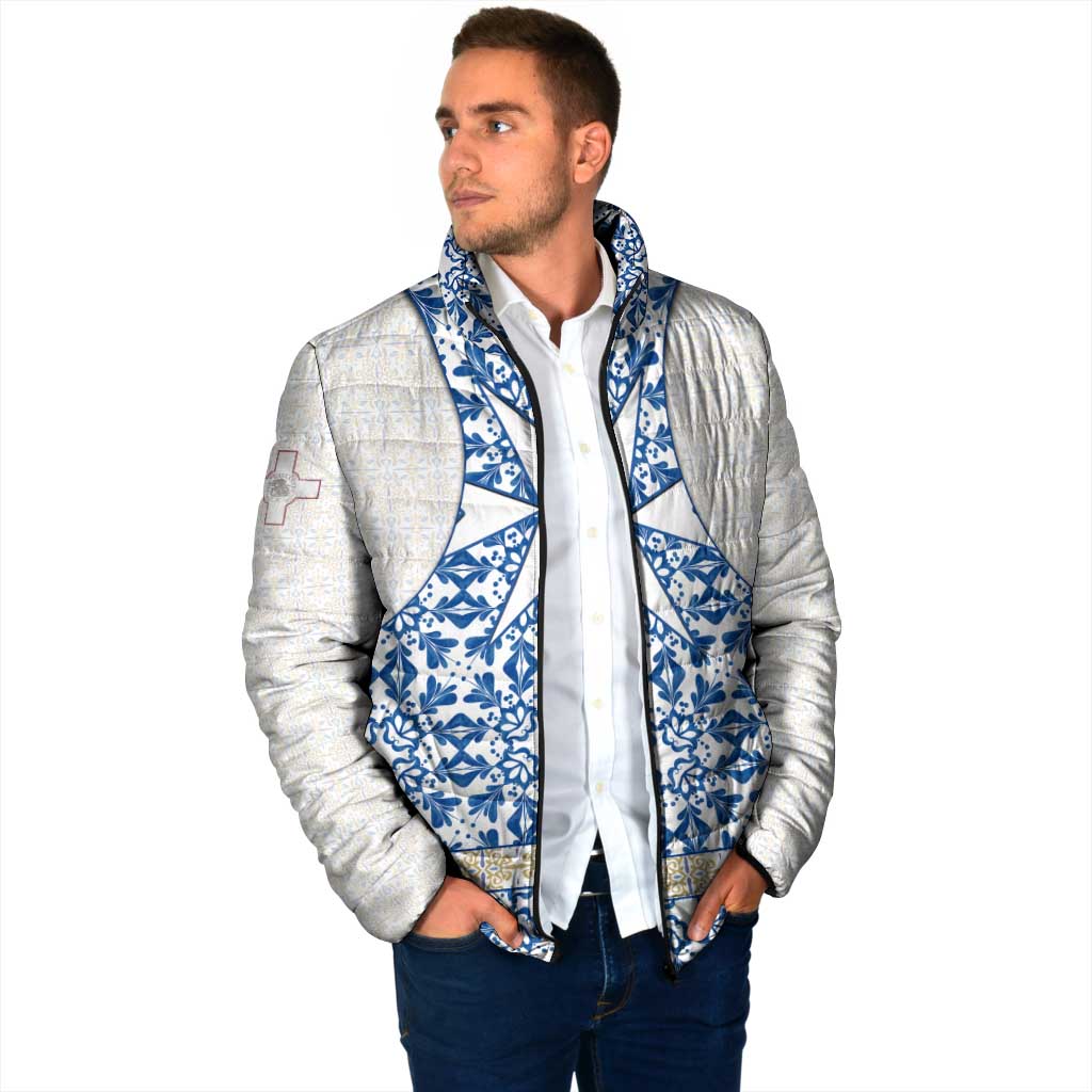 Malta Padded Jacket with Blue White Tile Design and Maltese Cross Pattern - Wonder Print Shop