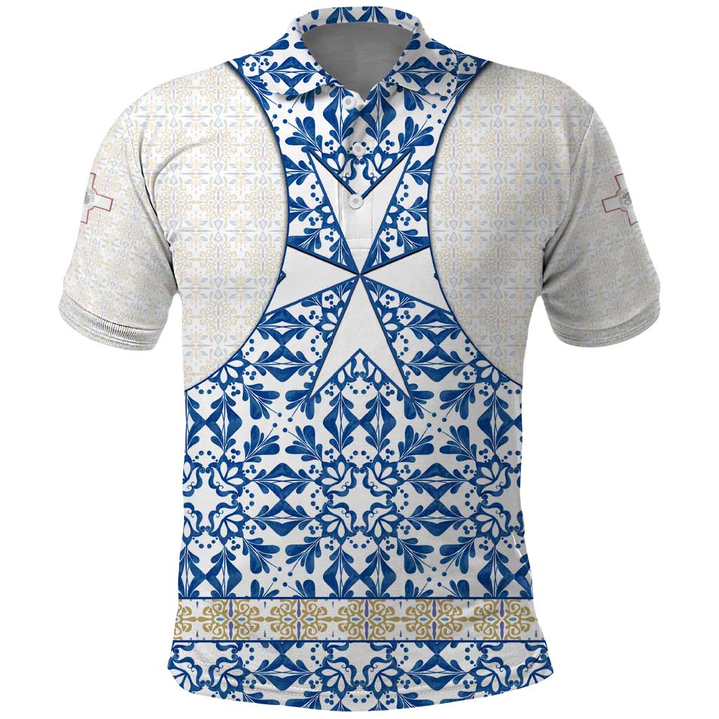 Malta Polo Shirt with Blue White Tile Design and Maltese Cross Pattern - Wonder Print Shop