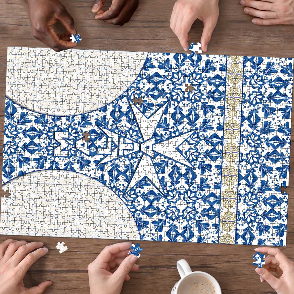 Malta Puzzle with Blue White Tile Design and Maltese Cross Pattern - Wonder Print Shop