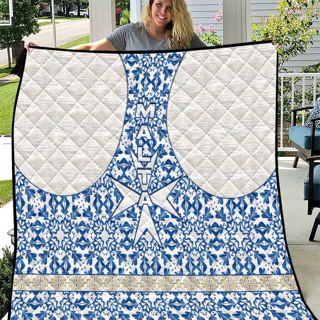 Malta Quilt with Blue White Tile Design and Maltese Cross Pattern - Wonder Print Shop