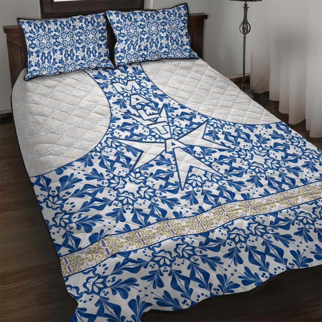 Malta Quilt Bed Set with Blue White Tile Design and Maltese Cross Pattern - Wonder Print Shop