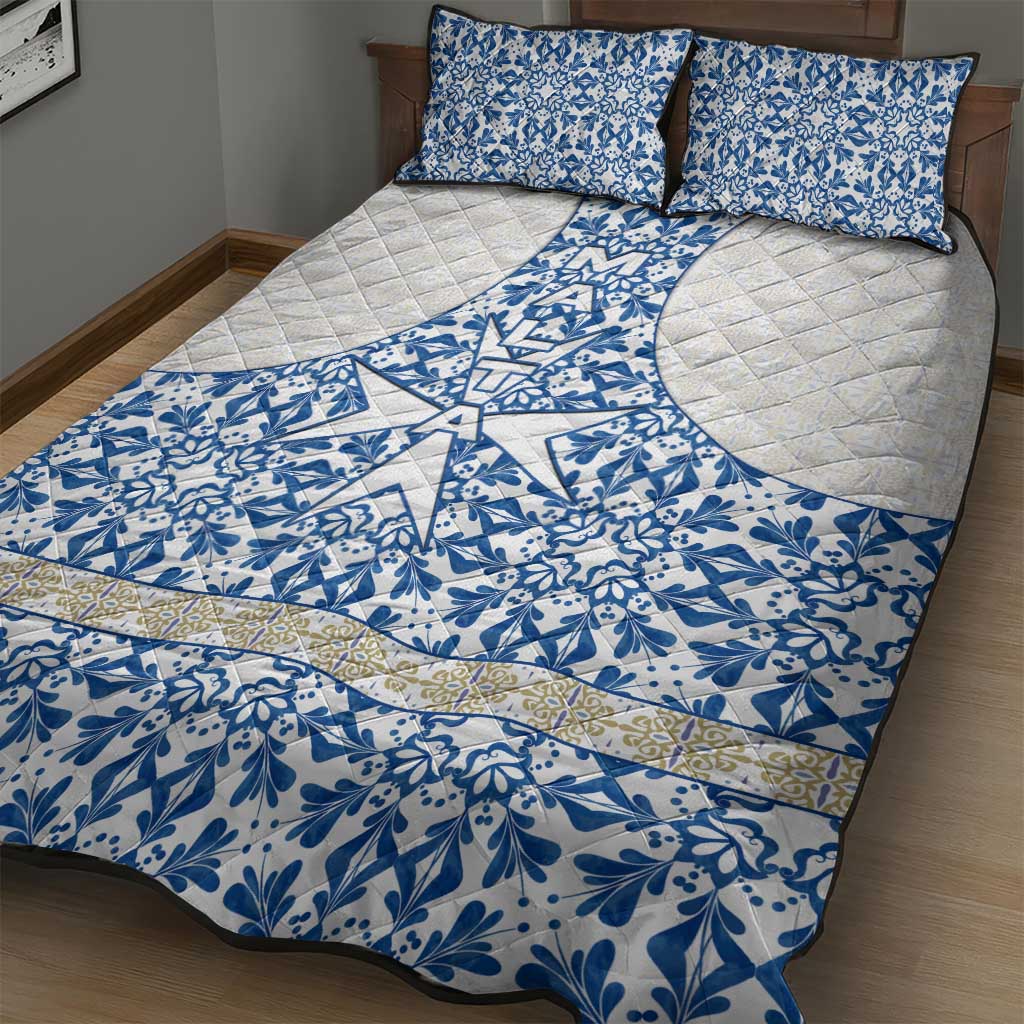 Malta Quilt Bed Set with Blue White Tile Design and Maltese Cross Pattern - Wonder Print Shop