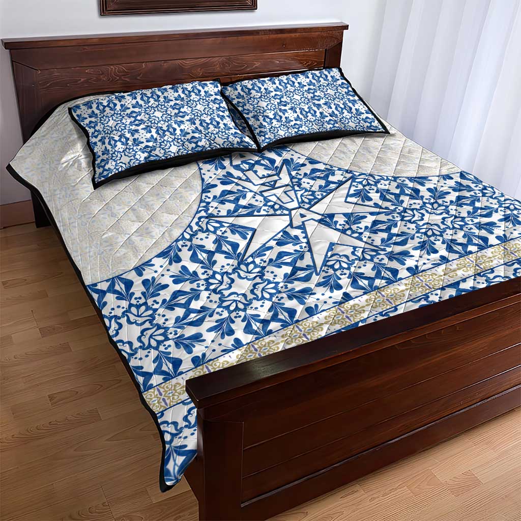 Malta Quilt Bed Set with Blue White Tile Design and Maltese Cross Pattern - Wonder Print Shop