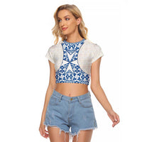 Malta Raglan Cropped T Shirt with Blue White Tile Design and Maltese Cross Pattern - Wonder Print Shop