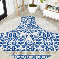Malta Round Carpet with Blue White Tile Design and Maltese Cross Pattern - Wonder Print Shop