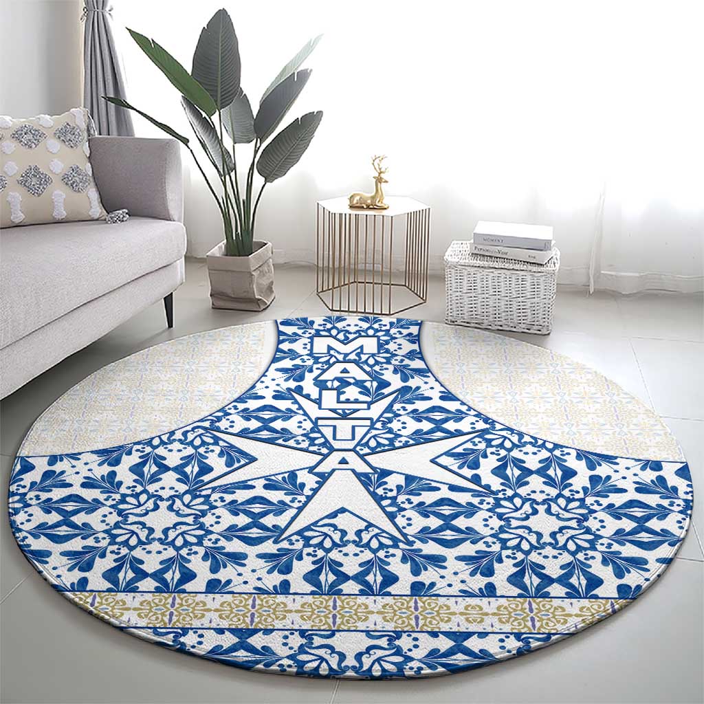 Malta Round Carpet with Blue White Tile Design and Maltese Cross Pattern - Wonder Print Shop